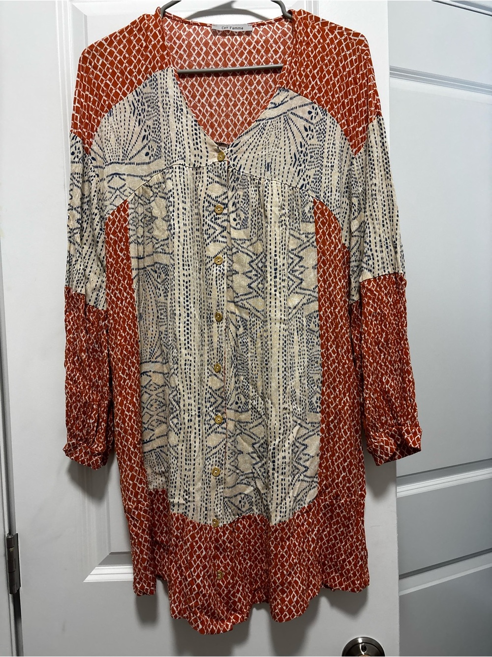 Ces Femme Rust and Cream Patchwork Button-Front Long Sleeve Tunic